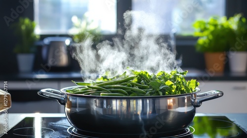 Action shot of blanching green beans in boiling water bright kitchen setting culinary process steam rising realistic cooking scene