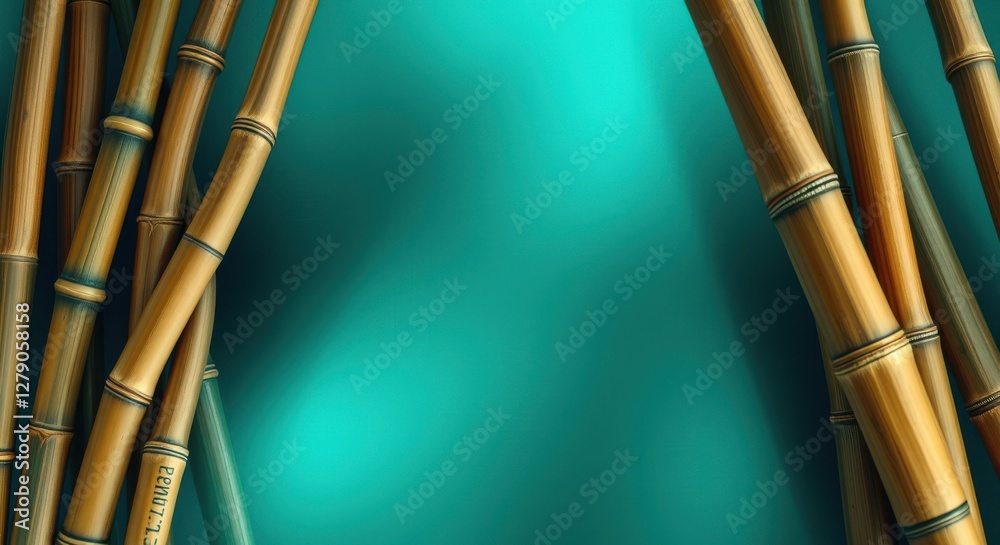 Obraz premium Elegant bamboo stalks frame a serene, textured teal backdrop, evoking natural beauty and tranquility.