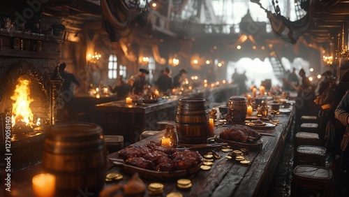 ultra-realistic cinematic depiction of a bustling pirate tavern filled with lively characters enjoying a grand feast. wooden tables are covered with roasted meats, barrels of ale, and scattered gold c
