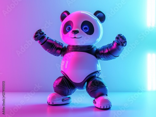 Robotic panda toy with arms raised, gradient blue and pink lights