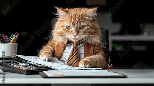 Ginger cat in formal tie engaged in work office environment highly detailed photo professional setting funny concept photo