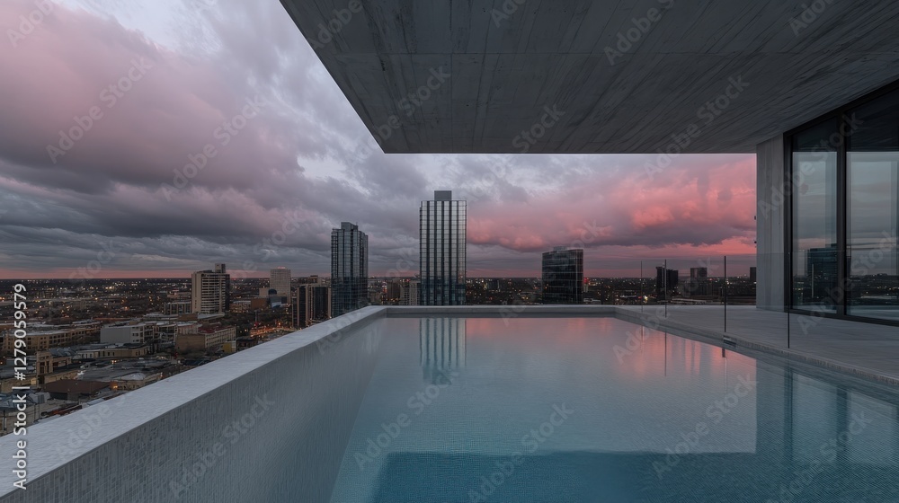 Naklejka premium A panoramic view of a hotel rooftop pool overlooking the city skyline