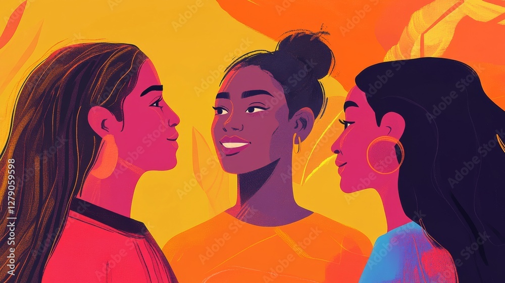 Three diverse women engaging in a vibrant conversation against a colorful background Three diverse women engaging in a vibrant conversation against a colorful background