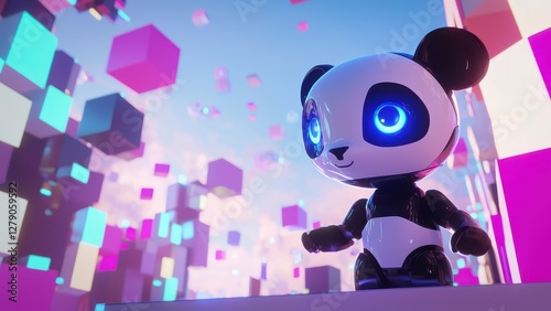 Robotic panda with glowing blue eyes and floating colorful cubes