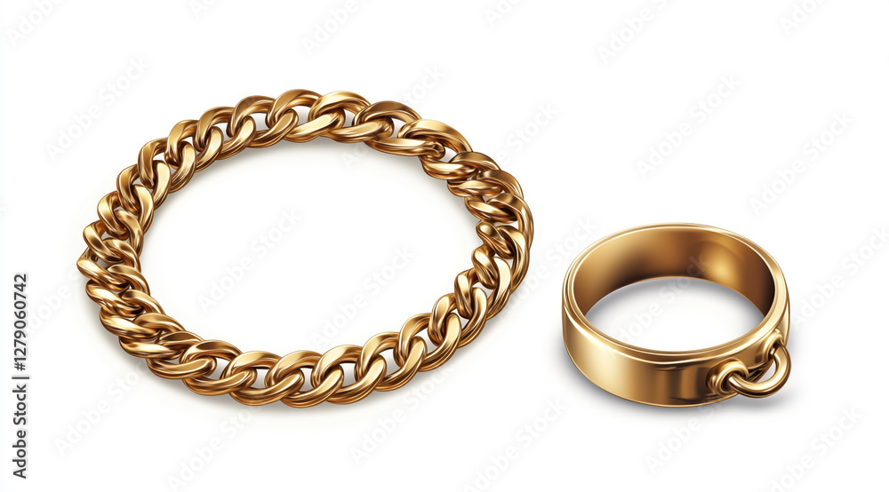Set of a golden chain bracelet ring on a white background Set of a golden chain bracelet ring on a white background