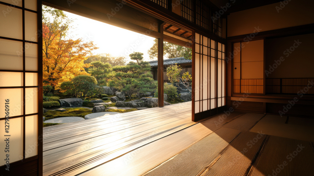 Obraz premium serene Japanese style room with garden view