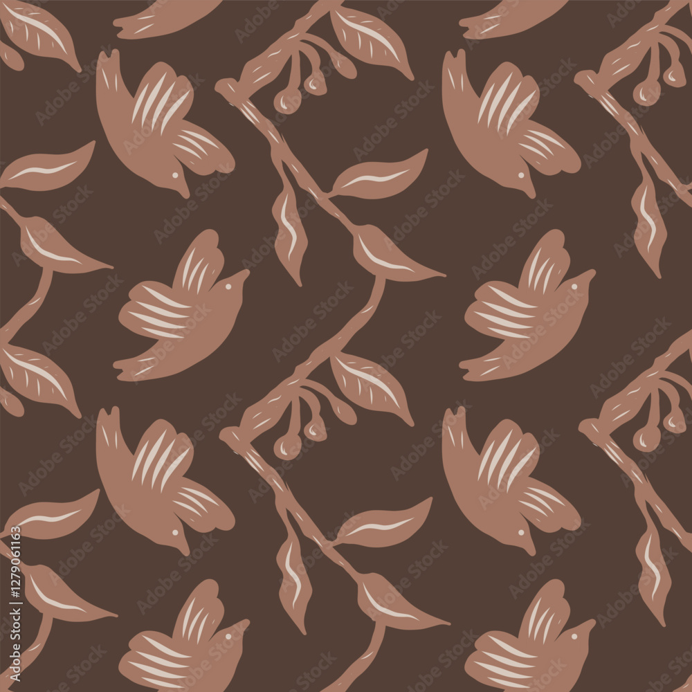 Bird and branch chevron pattern in shades of brown Bird and branch chevron pattern in shades of brown