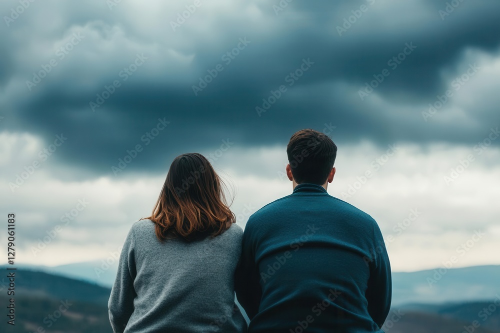 A couple sits together, gazing at a dramatic sky filled with dark clouds, surrounded by a scenic landscape. A couple sits together, gazing at a dramatic sky filled with dark clouds, surrounded by a scenic landscape.