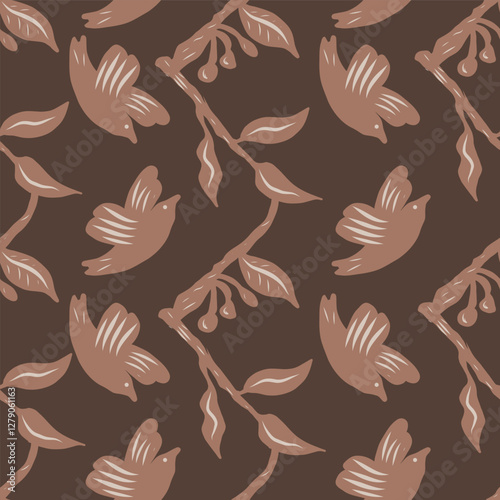 Bird and branch chevron pattern in shades of brown