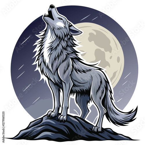 A lone wolf, fur bristling, howls intensely at a bright full moon in a dark, dramatic wilderness landscape.