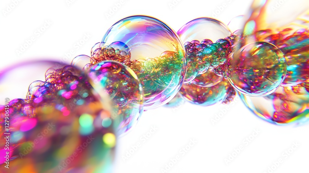 Naklejka premium Macro Shot of Iridescent Bubbles with Glitter on White Background