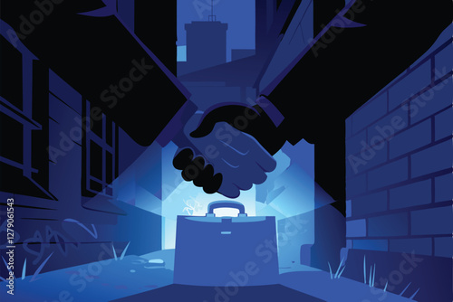 A dimly lit alleyway, shadowy figures, clandestine handshake, deal, mystery, urban setting, night, low-key lighting.