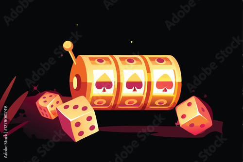 A dramatic close-up of a gleaming golden slot machine, brightly lit against a deep black background, showcasing intricate details and reflecting light.