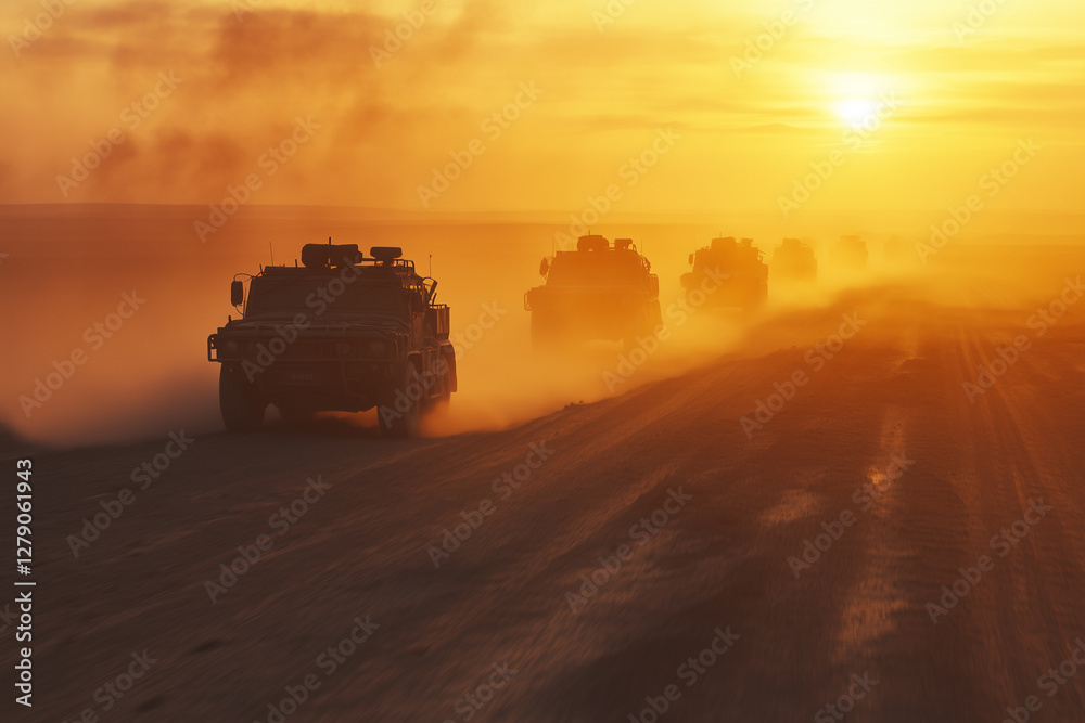 Fototapeta premium Military convoy advancing through dusty terrain at sunset in a remote location, showcasing armed vehicles on a mission