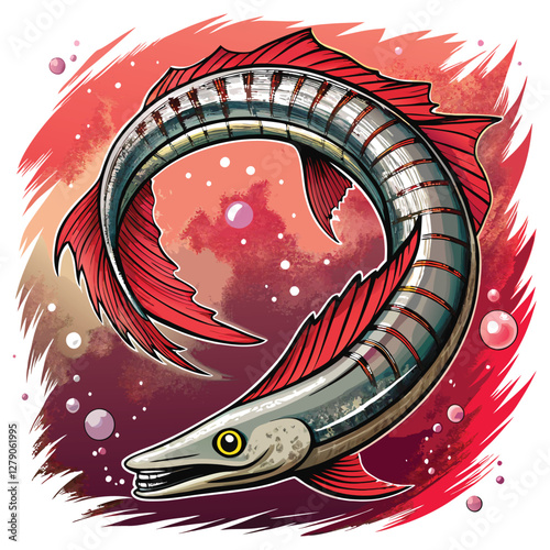 A majestic oarfish, serpentine and silver, gracefully drifts in the inky blackness of the deep ocean, its long body shimmering faintly.