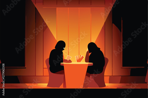 A dark room, dimly lit, features a glowing, ethereal table where shadowy figures gather, hinting at a clandestine meeting or ritual.