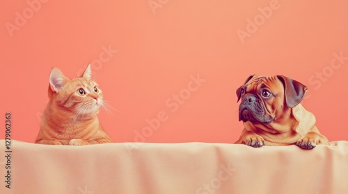 Playful companions a cat and dog snuggling together on a neat bed in a cozy room photo