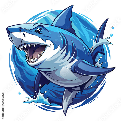 A majestic mako shark powerfully breaches the ocean surface, creating a dramatic water splash.  The sun glints off its sleek body.