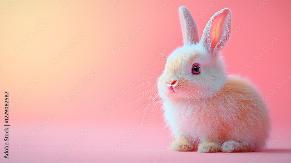 Obraz premium Bouncing bunny with floppy ears and a bright pastel background, simple and heartwarming illustration, copy space