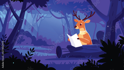 A whimsical illustration of a deer meticulously using a calculator amidst a sun-dappled forest clearing.  Details matter!