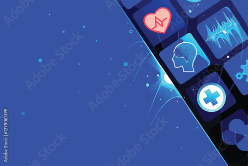 Design a vibrant digital health tech banner showcasing a single, modern medical icon, emphasizing innovation and telehealth solutions.