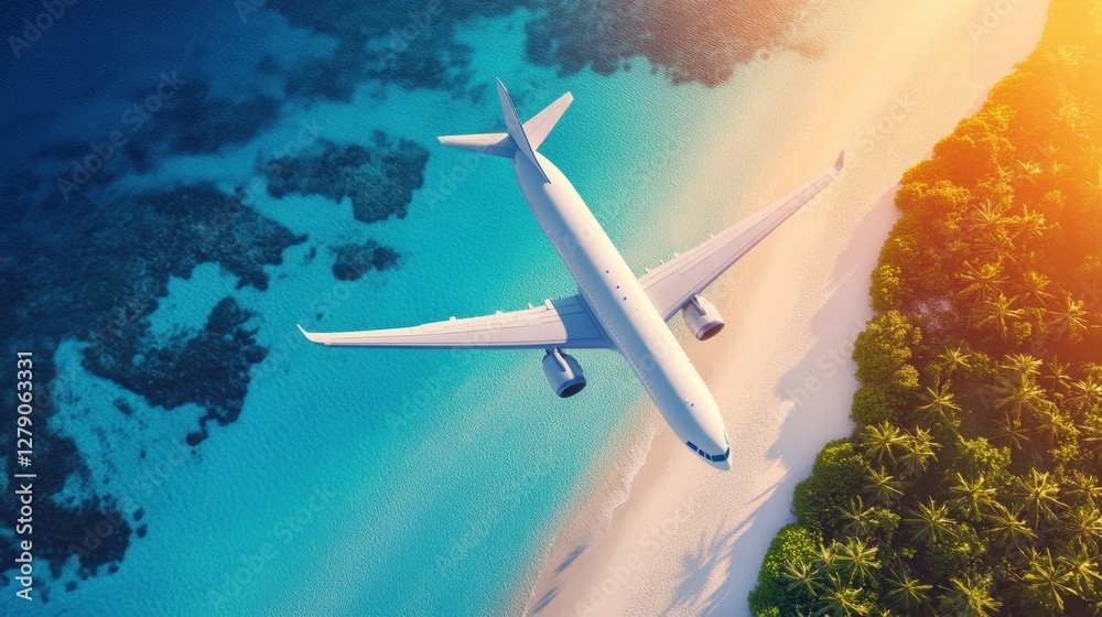 Naklejka premium A colorful arafplane soars above a sunny beach lined with palm trees, overlooking the sparkling blue ocean and clear sky.