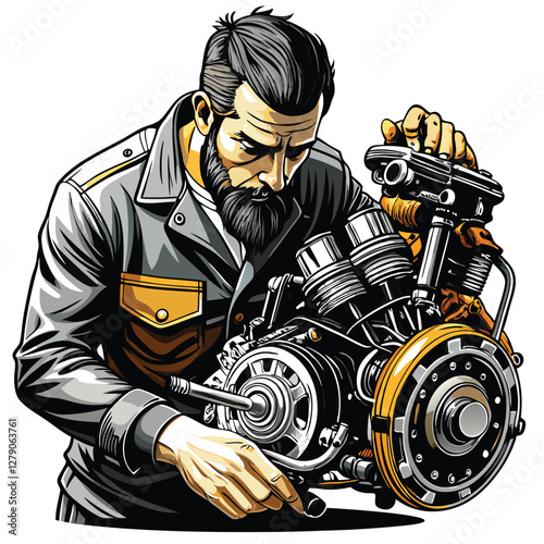 A close-up shot of a mechanic's hands meticulously repairing a motorcycle engine, showcasing grease and detailed engine components.