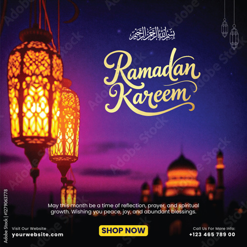 Ramadan Kareem Social Media Post Template with Crescent Moon & Lantern