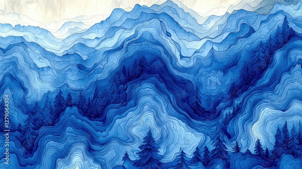 Obraz premium Abstract Blue Mountains with Layered Textures and Pine Trees in a Dreamlike Landscape