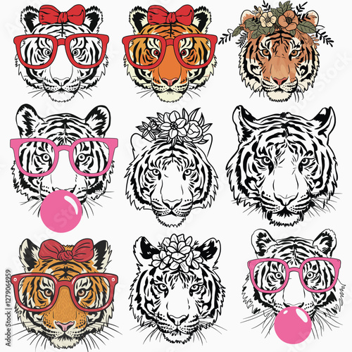 Tiger svg, tiger with glasses bubble gum, Cricut, funny Wild Animal head Clipart, mascot logo Vector