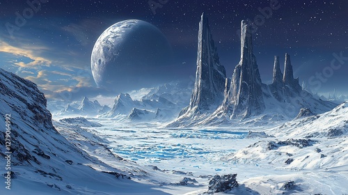 Alien icy planet landscape with towering peaks and large moon.