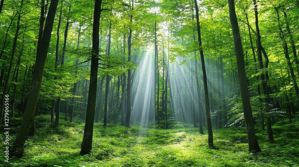Obraz premium Sunlight filters through tall trees creating a serene atmosphere in a lush green forest during midday