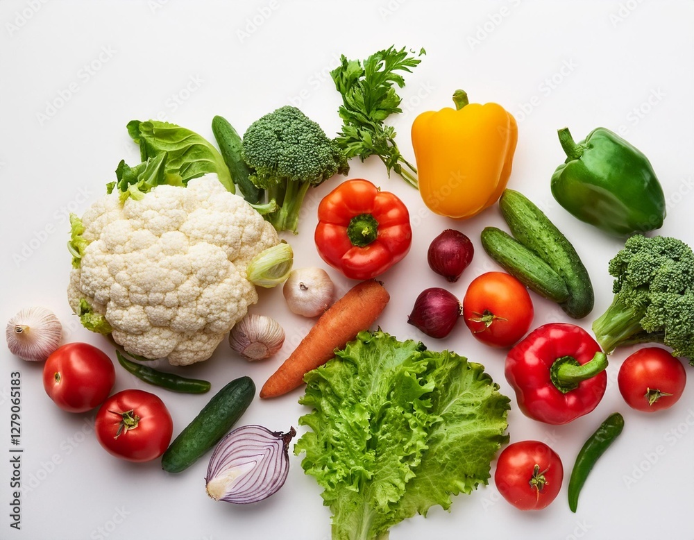 Assorted Fresh Vegetables Collection Arranged on a White Background Assorted Fresh Vegetables Collection Arranged on a White Background