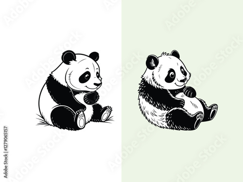 Adorable Panda Climbing a Bamboo Tree Character Vector Illustration and Panda Logo Design