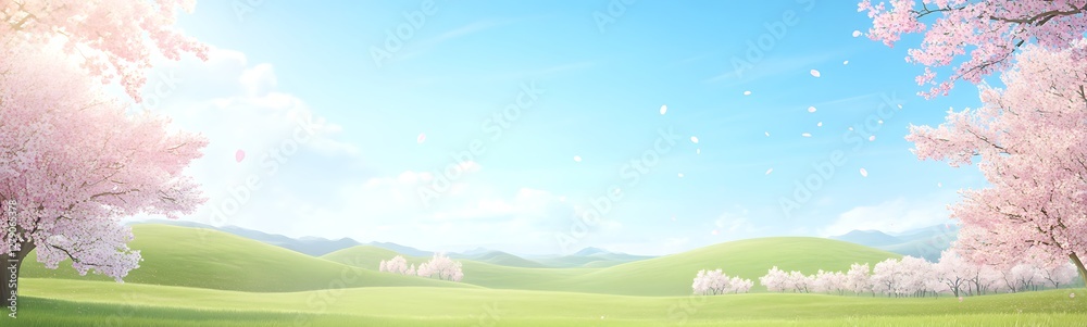 Fototapeta premium A serene anime-style landscape featuring rolling green hills and a tranquil countryside setting.