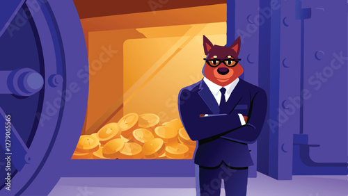 A dapper dog in a suit, guarding a massive vault overflowing with gold coins and bars.  He wears a monocle and holds a tiny ledger.