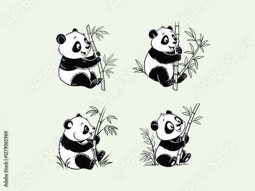 Adorable Panda Climbing a Bamboo Tree Character Vector Illustration and Panda Logo Design