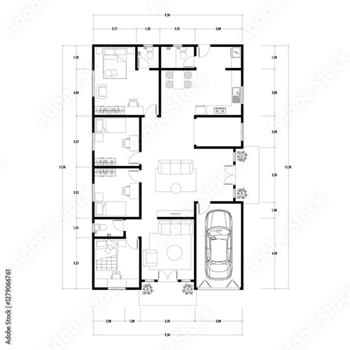 Floor plan blueprint type 96 sqm, Figure of the jotting sketch of the construction and the industrial skeleton of the structure and dimensions. vector eps 10