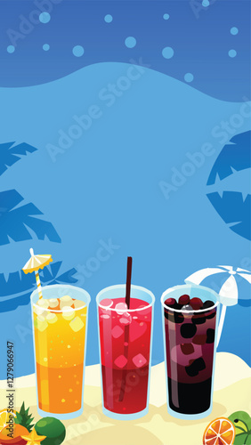 Design a vibrant vector banner advertising colorful cocktails.  Include diverse drink types, garnishes, and a playful, summery aesthetic.