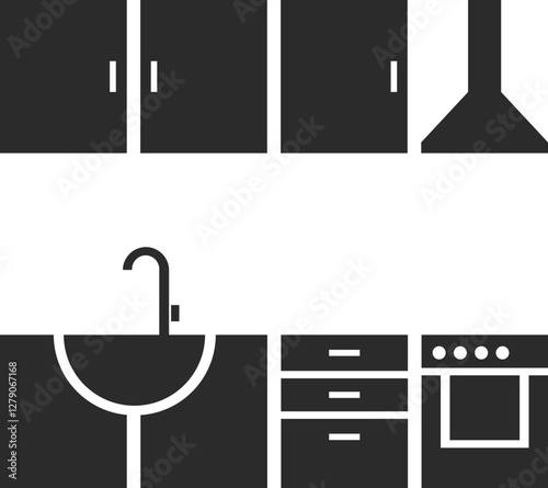 Kitchen and cooking pantry cupboard dark Icon - editable stroke stock illustration with sink oven and cooker hood