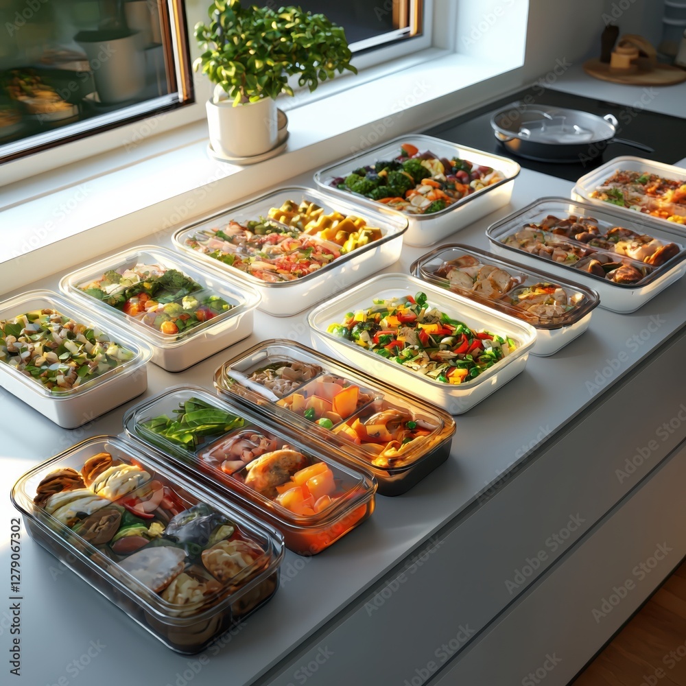Batch cooking preparation a cozy kitchen counter filled with meal containers warm ambient lighting healthy eating concept Batch cooking preparation a cozy kitchen counter filled with meal containers warm ambient lighting healthy eating concept