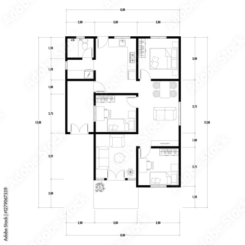 Floor plan blueprint type 96 sqm, Figure of the jotting sketch of the construction and the industrial skeleton of the structure and dimensions. vector eps 10