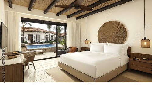 • Settle into the gentle luxury of this spa-like villa room, where a well-made bed radiates coziness against an all-white expanse. Large windows present a glimpse of a lush garden, infusing 