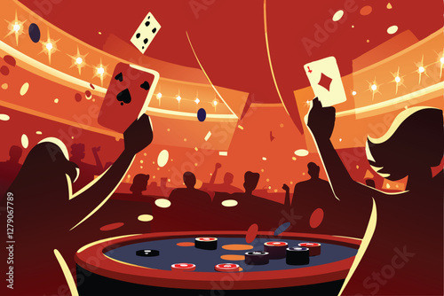 Create a vibrant casino scene with playing cards dynamically flying through the air, showcasing a sense of excitement and high stakes gambling.