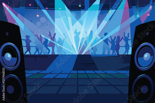 A vibrant, energetic nightclub dancefloor scene at night, pulsating with light from flashing strobes and powerful speakers.  People dance wildly.