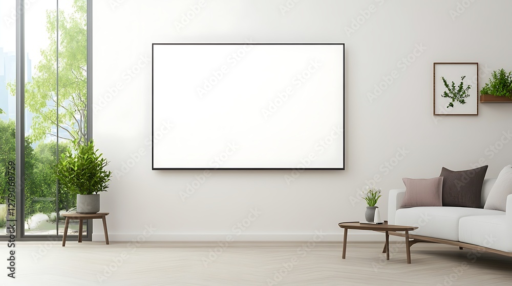 Modern living room featuring a Smart TV on a stylish wall with a blank white screen, creating a minimalistic atmosphere. Modern living room featuring a Smart TV on a stylish wall with a blank white screen, creating a minimalistic atmosphere.