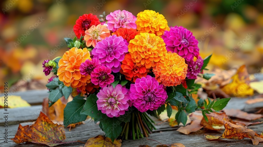 A warm autumn bouquet of marigolds, dahlias, and asters, set on a wooden table surrounded by fallen leaves. A warm autumn bouquet of marigolds, dahlias, and asters, set on a wooden table surrounded by fallen leaves.
