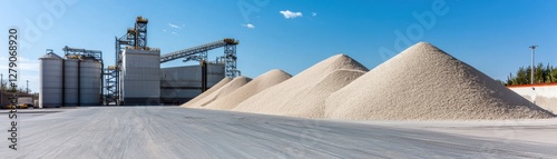 Industrial Site with Large Piles of Sand and Gravel under Clear Blue Sky with Machinery in Background