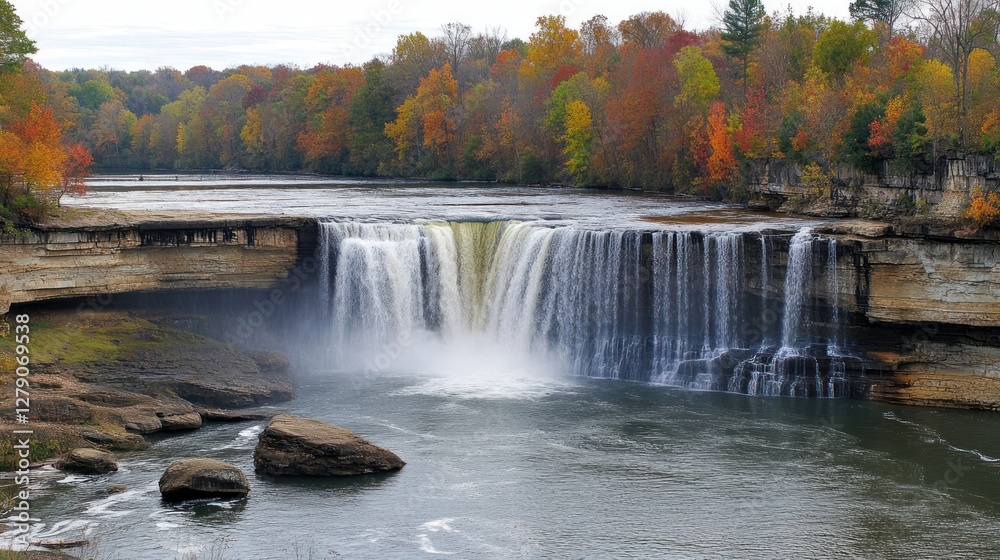 Obraz premium Autumn Waterfall Cascading Over Stone Cliffs