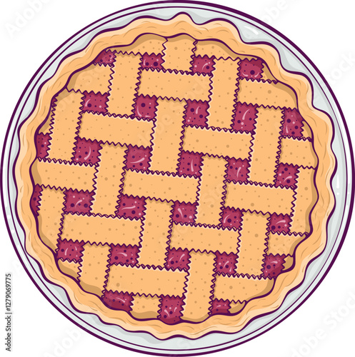 Fruit or berry traditional pie on a plate top view. Cherry or plum autumn dessert. Simple vector color illustration in hand drawn style isolated on white.